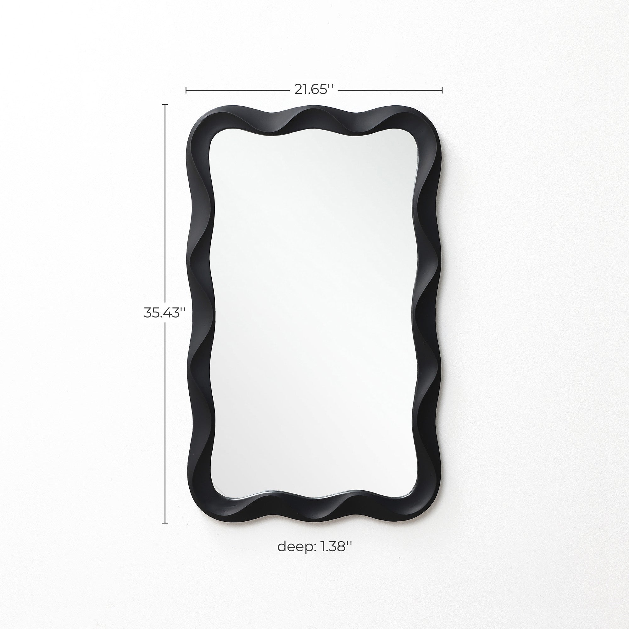 Rectangular mirror size 21.65" w, 35.43" h, and 1.38" d, mounted on a white wall for a chic modern touch.