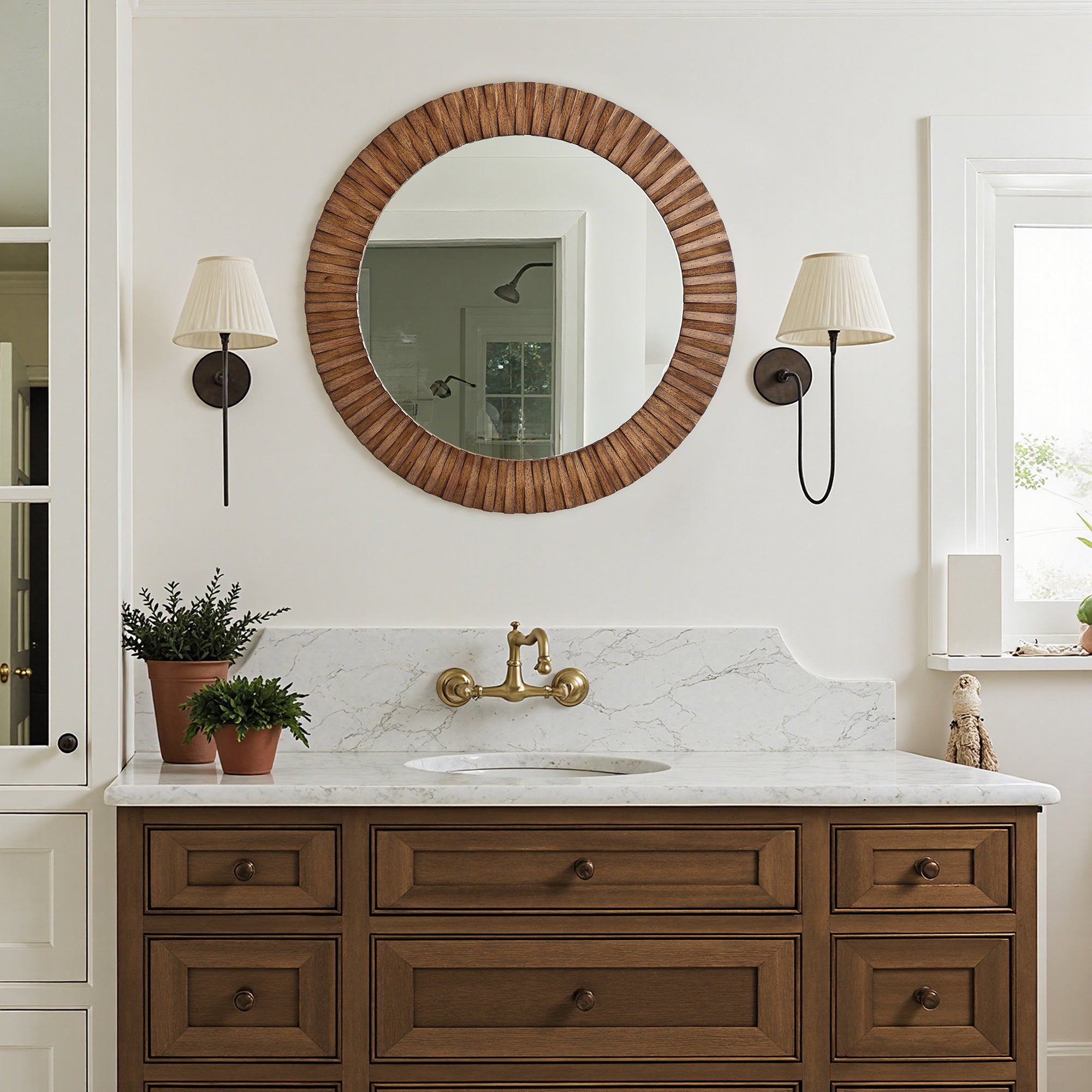 A bathroom vanity with a round wall mirror with an oak wood frame. Add a touch of eclent.