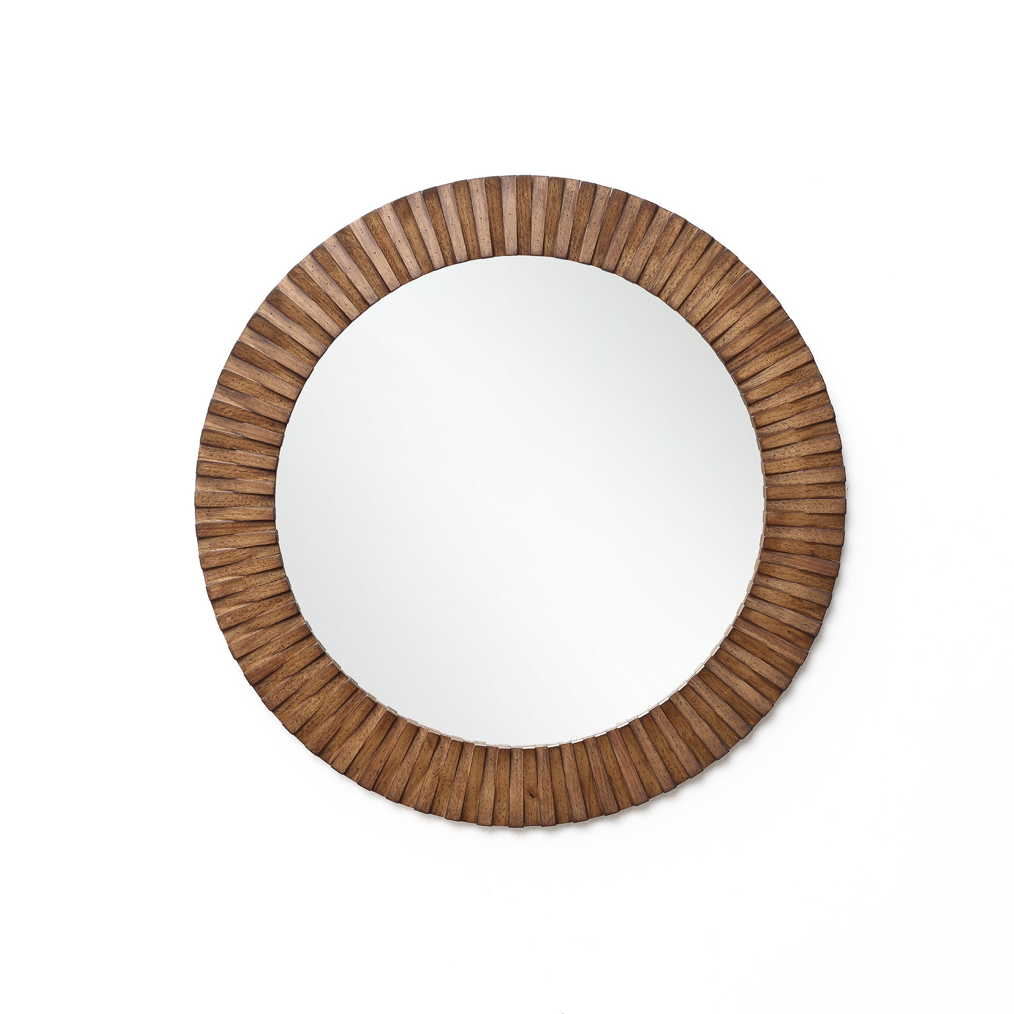 Rustic wall mirror featuring a grooved oak wood frame, stands out beautifully against a plain white background.