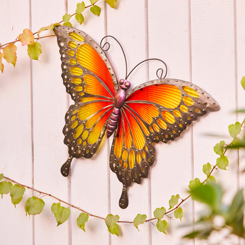 Orange and Yellow Butterfly Metal and Glass Outdoor Wall Decor