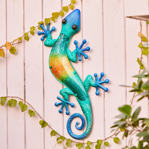 24-Inch Blue Gecko Lizard Metal and Glass Outdoor Wall Decor