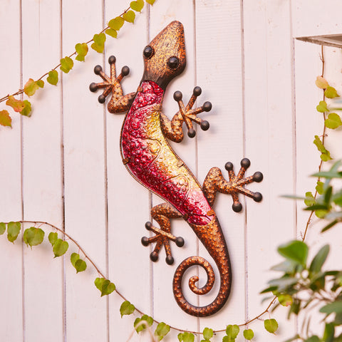 24-Inch Pink Gecko Lizard Metal and Glass Outdoor Wall Decor