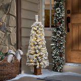 4Ft Pre-Lit LED Battery-Operated with Timer Artificial Flocked Fir Christmas Tree with Square Planter