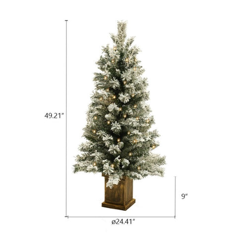 4Ft Pre-Lit LED Battery-Operated with Timer Artificial Flocked Fir Christmas Tree with Square Planter