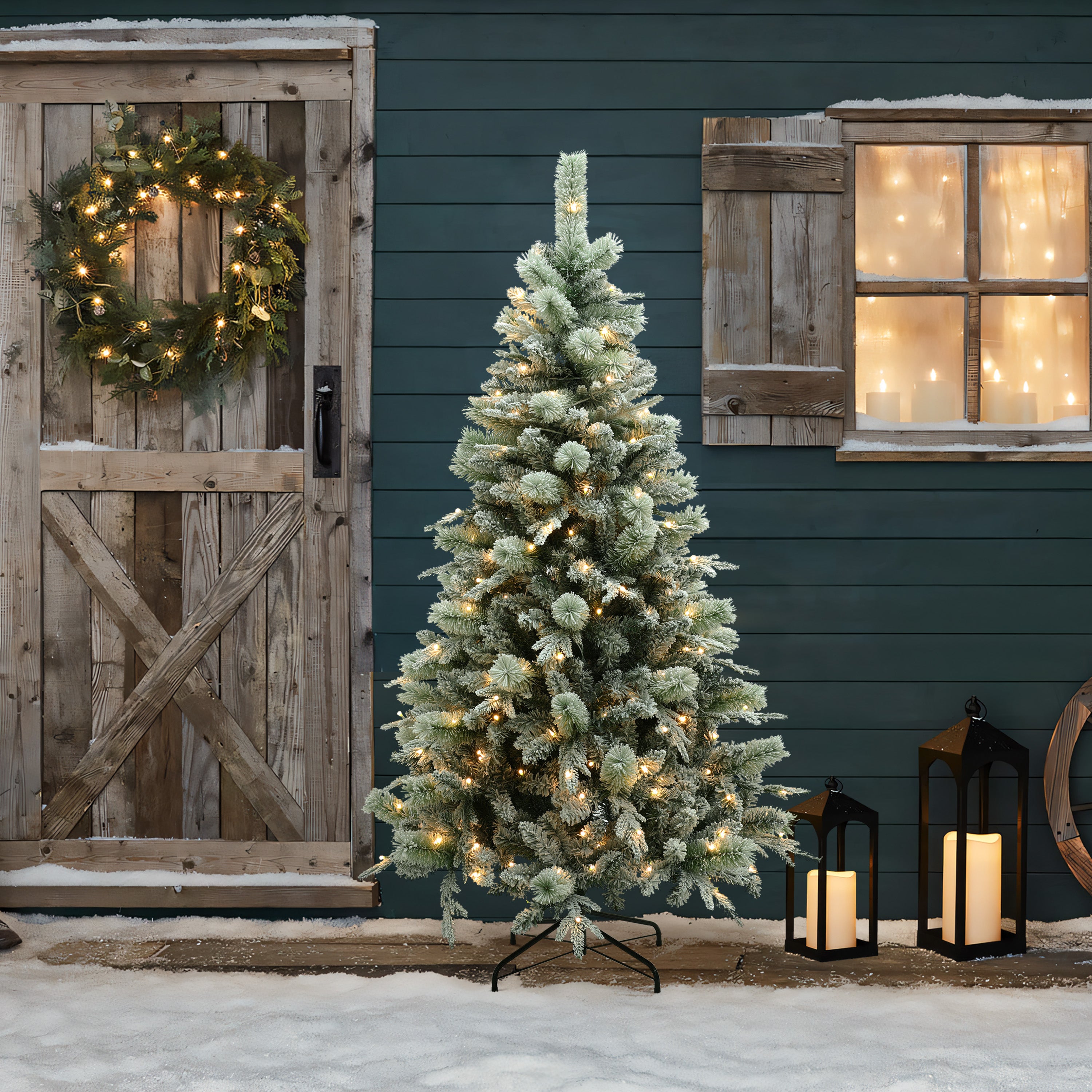 decorating-garden-and-yard-with-pre-lit-full-artificial-snow-flocked-christmas-tree