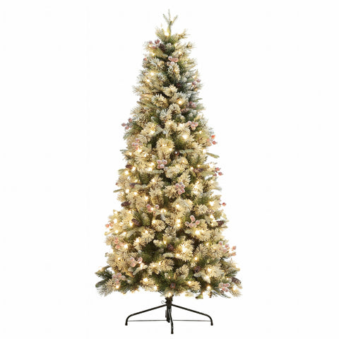 6.5Ft Pre-Lit Flocked Artificial Christmas Tree with Berries and Pine Cones