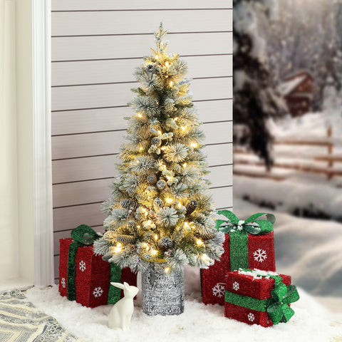 4Ft Pre-Lit Green Flocked Potted Artificial Christmas Tree