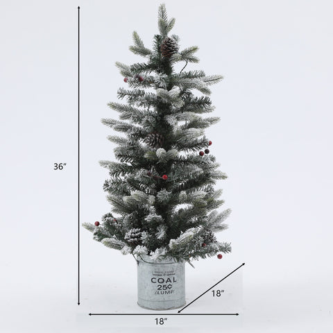 3Ft Pre-Lit Artificial Flocked Pine Christmas Tree with Pine Cones, Berries, and Metal Pot