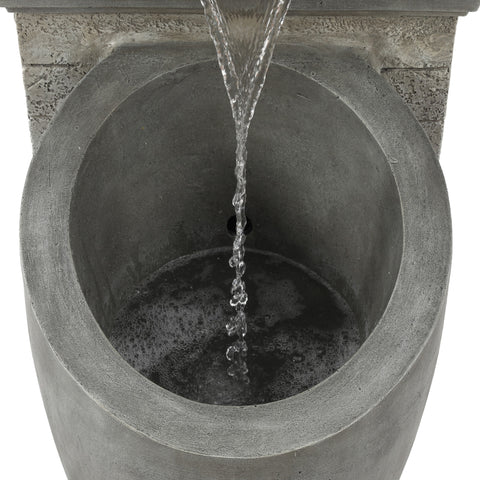 Gray Stone Finish Cement Column and Bowl Outdoor Fountain with LED Light