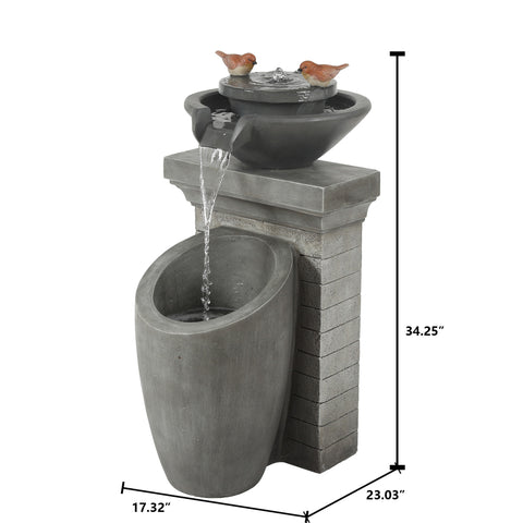 Gray Stone Finish Cement Column and Bowl Outdoor Fountain with LED Light