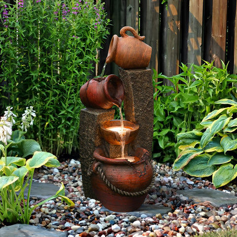 Rustic Resin Pots and Posts Outdoor Fountain