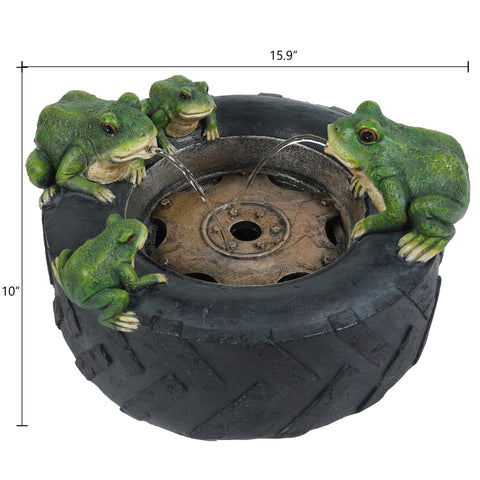 Black Resin Old Tire Frog Friends Outdoor Fountain
