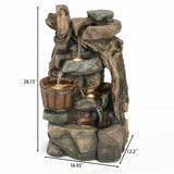 Resin Stacked Rock Wall and Barrel Outdoor Fountain with LED Lights