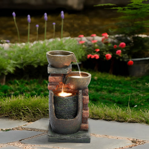 Bowls and Bricks Resin Outdoor Fountain with LED Lights