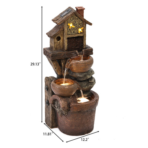 Bowls and Birdhouse Resin Outdoor Fountain with LED Lights