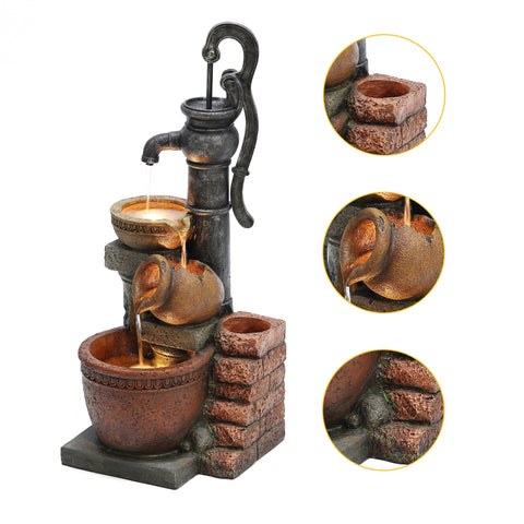 32.3" H Farmhouse Well Water Pump and Pots Resin Fountain with LED Lights
