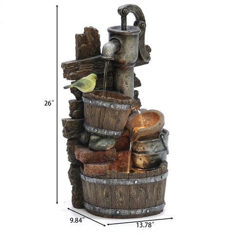 Farmhouse Pump and Barrels Resin Outdoor Fountain with LED Lights
