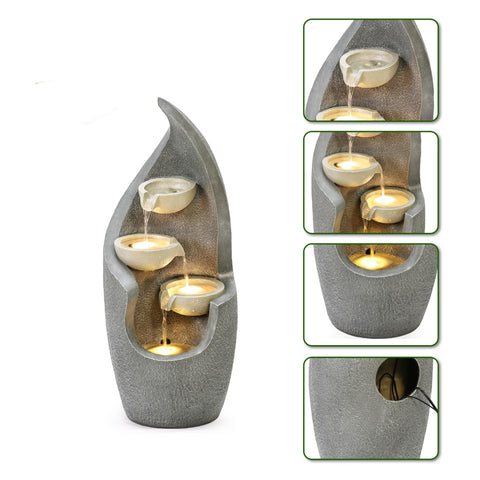 Gray Curves Cascading Bowls Resin Outdoor Fountain with LED Lights