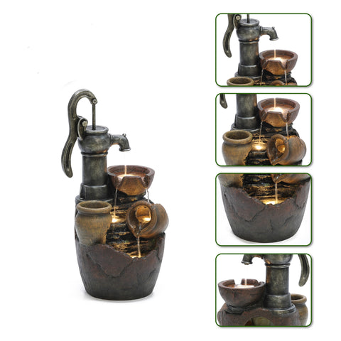 Farmhouse Pump and Pots Resin Outdoor Fountain with LED Lights