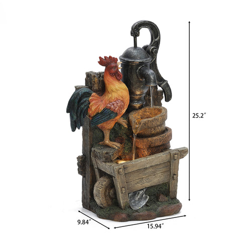 Farmhouse Pump and Rooster Resin Outdoor Fountain with LED Lights