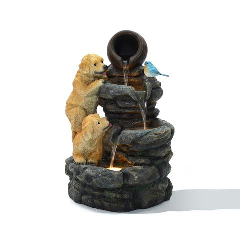 Puppy Rock Tower Outdoor Fountain with Lights