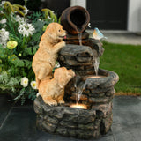 two-adorable-puppies-and-beautiful-bird-beside-a-rock-tower-waterfall-fountain