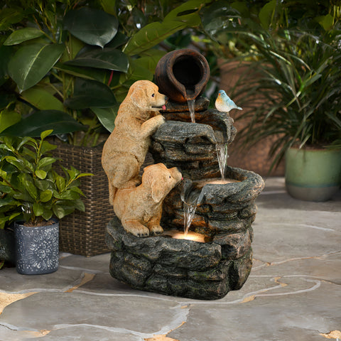 Puppy Rock Tower Outdoor Fountain with Lights