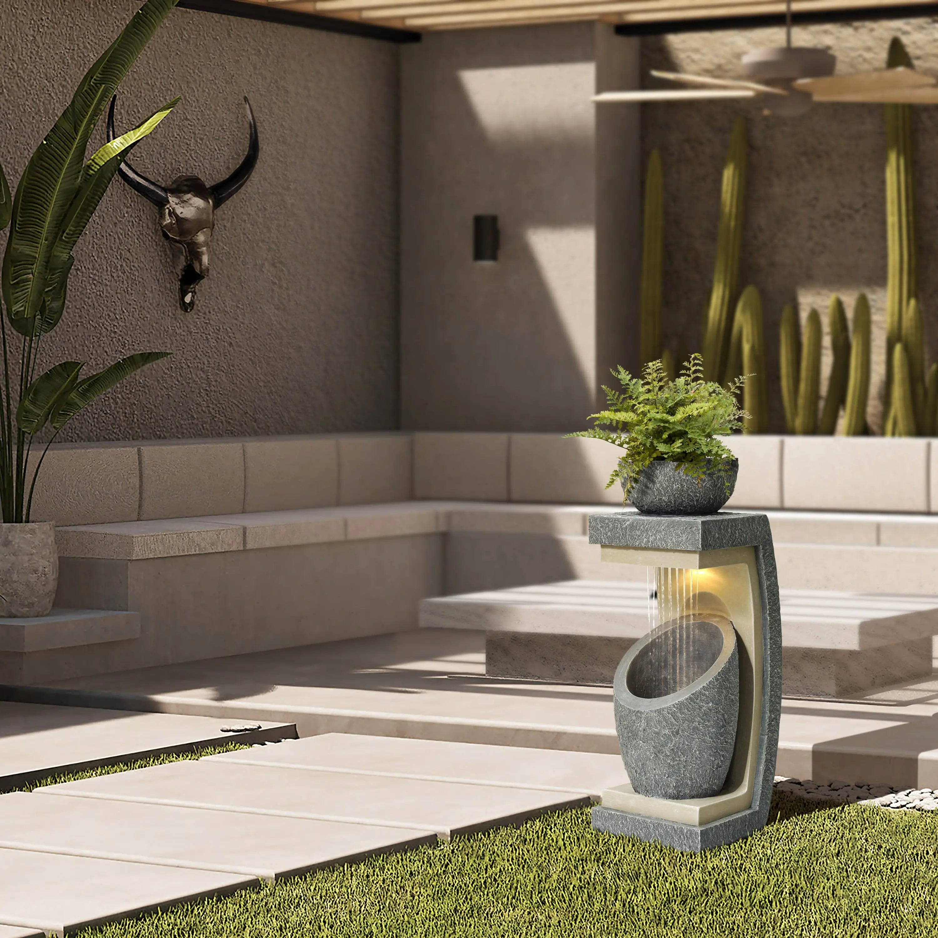 indoor waterfall planter LuxenHome Gray Resin Column and Bowl Sculpture Outdoor Fountain with Lights