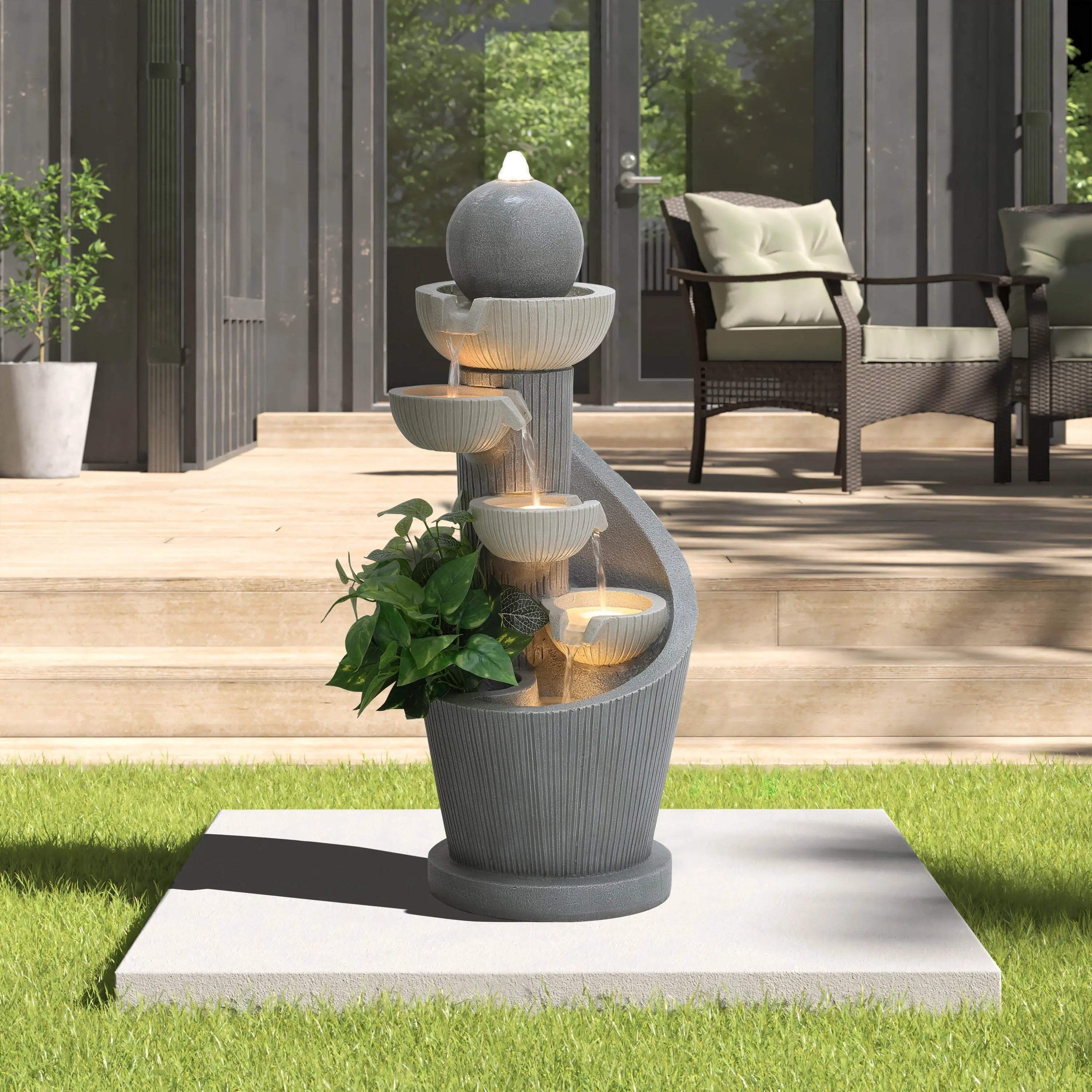 Cascading Pot Fountain with Lights
