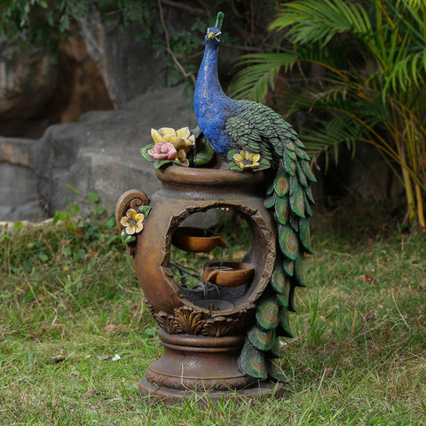 Resin Peacock and Urn Statue Outdoor Fountain with LED Lights