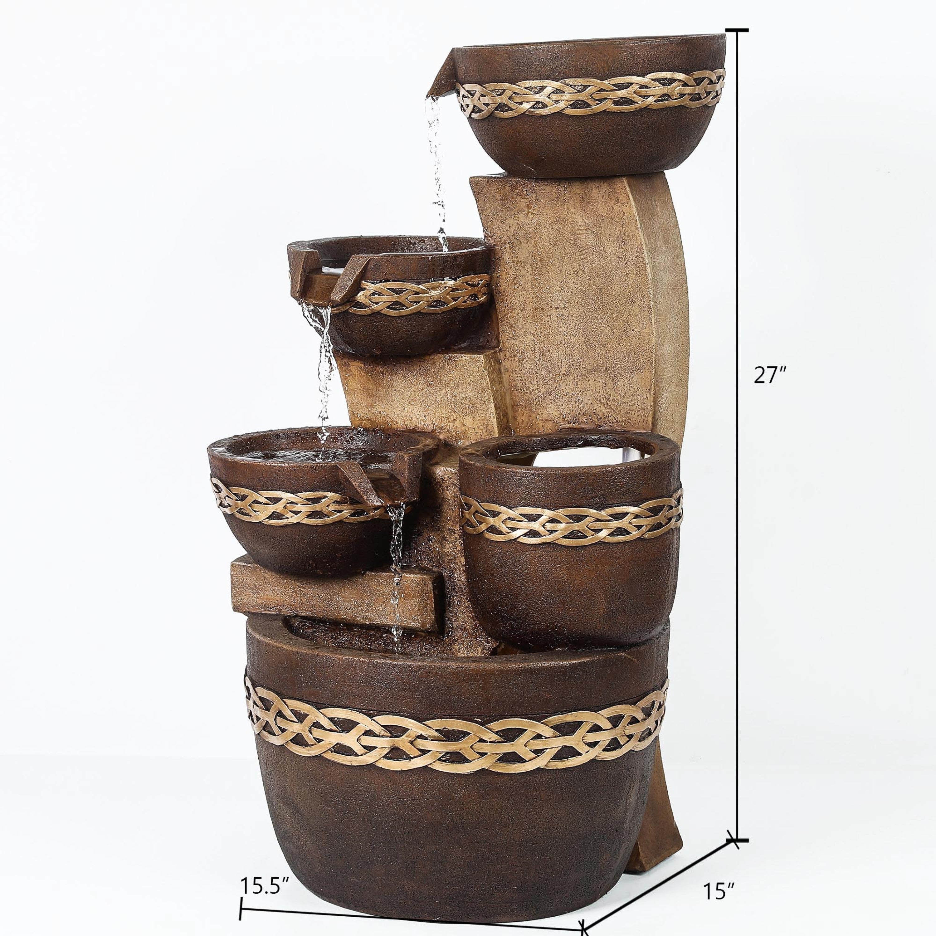 water-fountain-with-a-variety-of-pots-and-a-wooden-stand