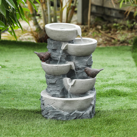 Gray Resin Bowls and Birds Outdoor Fountain