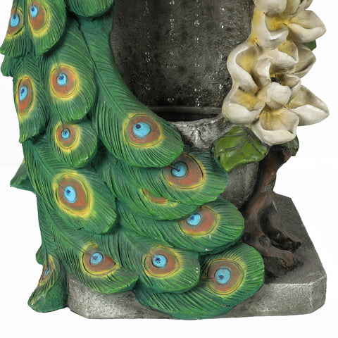 Resin Blue and Green Peacock Outdoor Fountain with LED Light