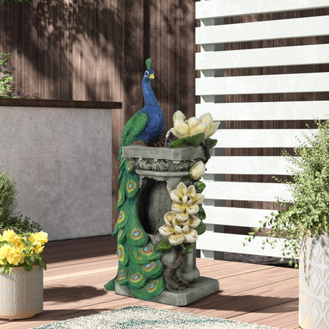 Resin Blue and Green Peacock Outdoor Fountain with LED Light