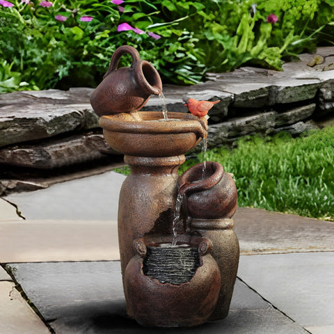 Rustic Brown Resin Pitcher and Urns Birdbath Bowl Outdoor Fountain