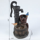 Resin Farmhouse Barrel and Water Pump Outdoor Fountain