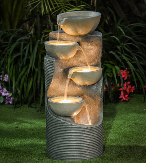 Modern Gray Cement Tiered Bowls Outdoor Fountain with Lights