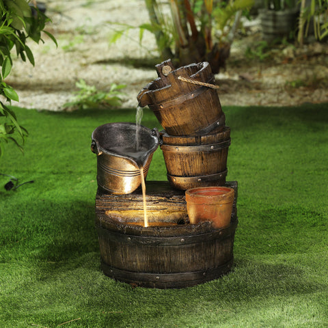 Resin Brown Farmhouse Barrel and Buckets Outdoor Fountain with Planter and LED Lights