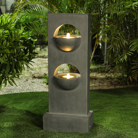 Gray Cement Column Two Tier Bowl Bubbler Outdoor Fountain