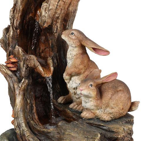 Resin Two Bunnies Tree Stump Outdoor Fountain with LED Lights