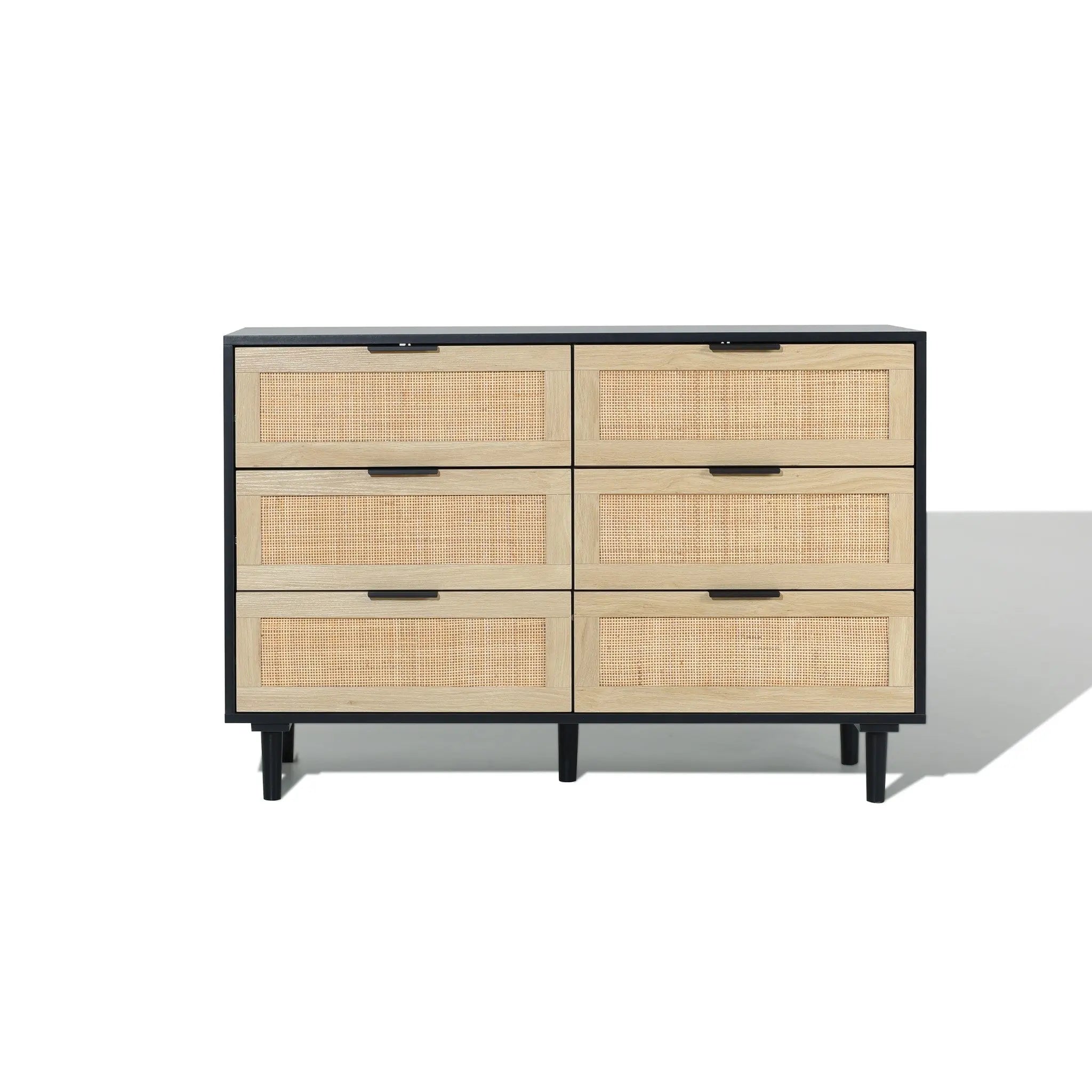 LuxenHome Black and Brown Wood 6-Drawer Rattan Dresser LuxenHome Black and Brown Wood 6-Drawer Rattan Dresser