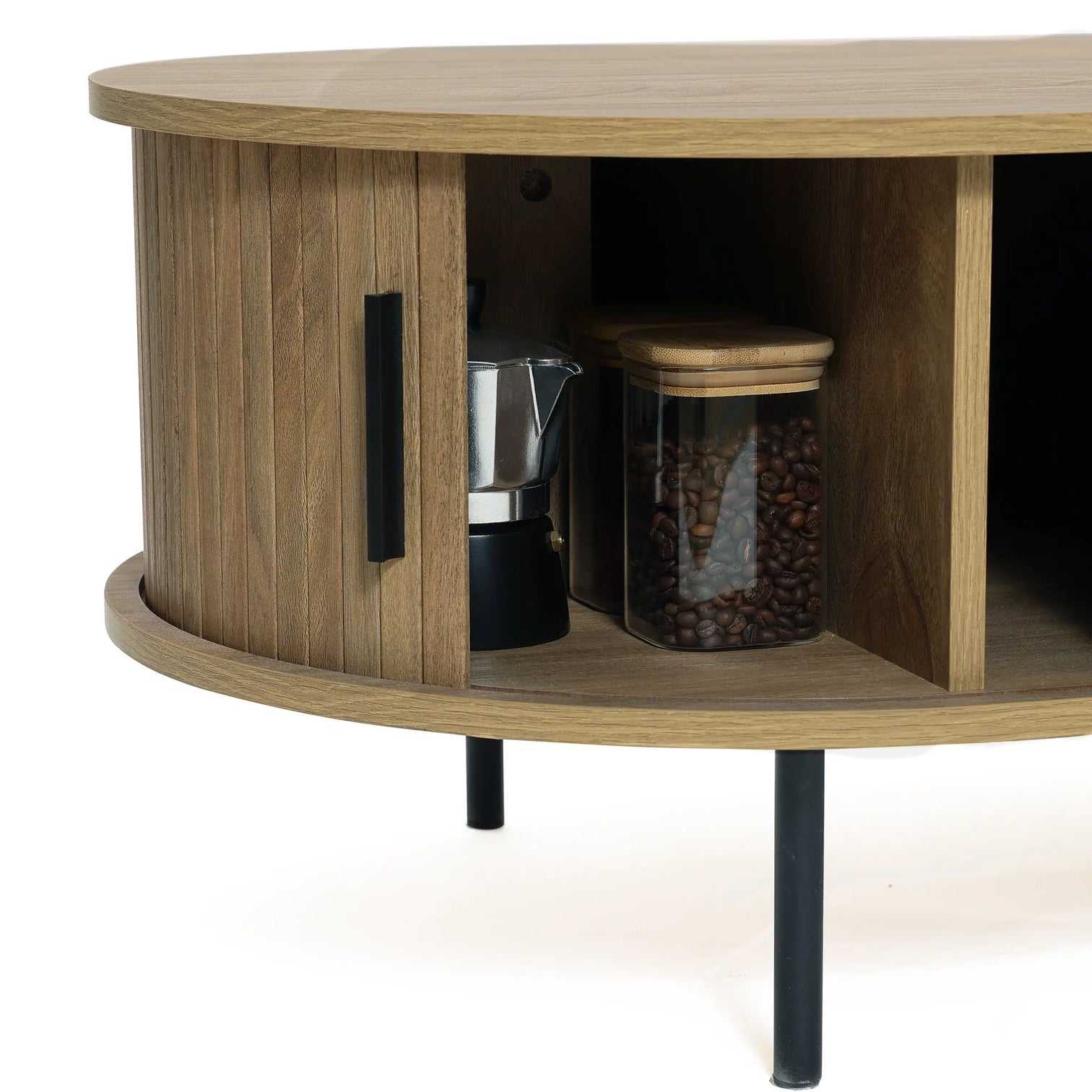 Oval Coffee Table – Oak Finish with Hidden Storage – LuxenHome