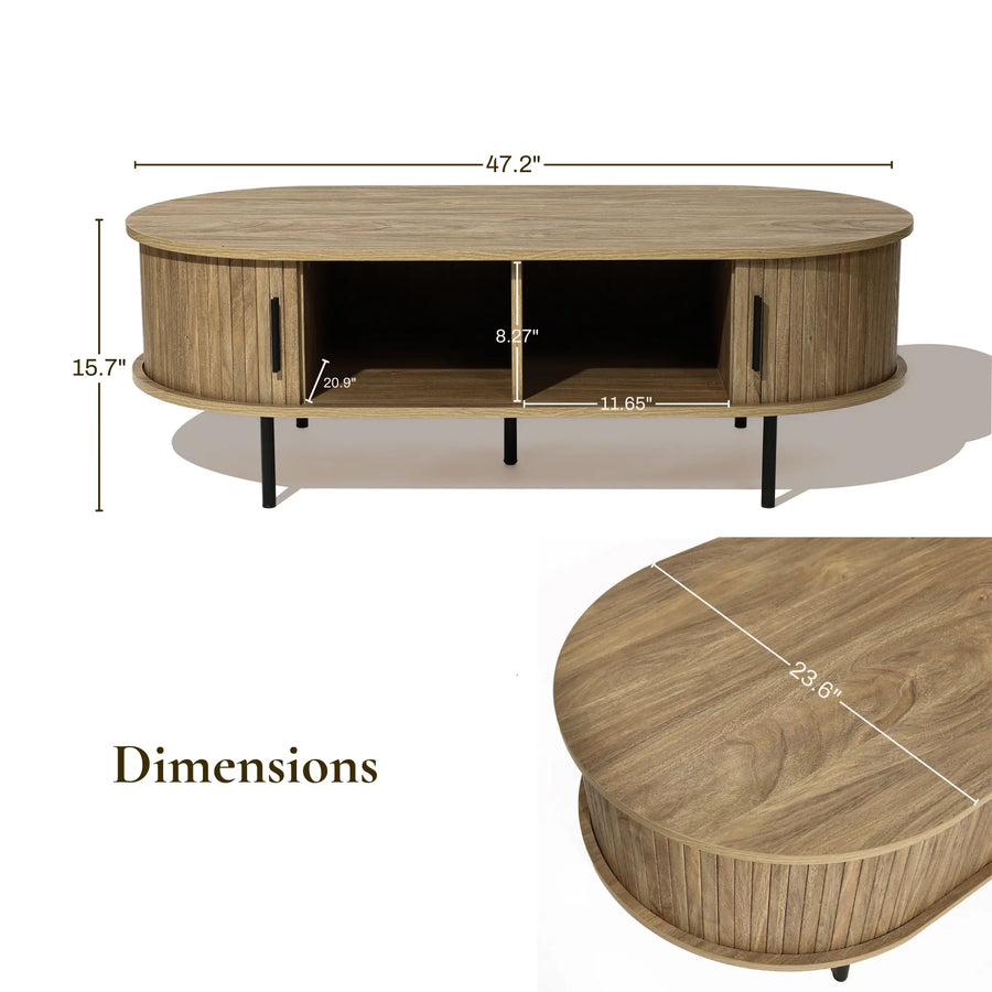Oval Coffee Table – Oak Finish with Hidden Storage – LuxenHome