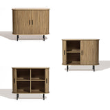 Three images of a Mid-Century Modern Accent Cabinet featuring slatted tambour doors with oak grain finish. The views showcase the cabinets versatile design: closed, half-open, and fully open. It stands elegantly on black legs, embodying minimalist style.