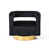 A black velvet accent chair featuring an open-back design and a circular gold base with 360-degree rotation, viewed from the front.