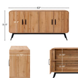 The Randolph wood accent sideboard by LuxenHome boasts a modern design in walnut, measuring 63 wide and 31.5 tall with a depth of 15.75. It offers four doors, interior shelves at 10.86, a door height of 26.2, and stylish black legs for a sophisticated look.