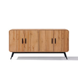 The Randolph wood accent sideboard by LuxenHome features a modern design with a light brown finish, black handles, and four spacious doors. It stands on angled black metal legs against a plain white background.