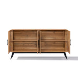 The Randolph wood accent sideboard by LuxenHome features a walnut finish with two open doors revealing internal shelves for ample storage space. It stands on black metal legs, blending functional elegance with modern design.