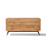 The Randolph wood accent sideboard by LuxenHome is a modern walnut piece with a natural finish and visible grain. It features a rectangular design with metal legs, offers ample storage, and is set beautifully on a white background.