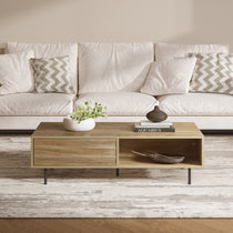 A beige sofa with chevron pillows sits behind a mid-century modern coffee table on a textured rug. The table, offering stylish storage space, holds decorative items, including books and vases.